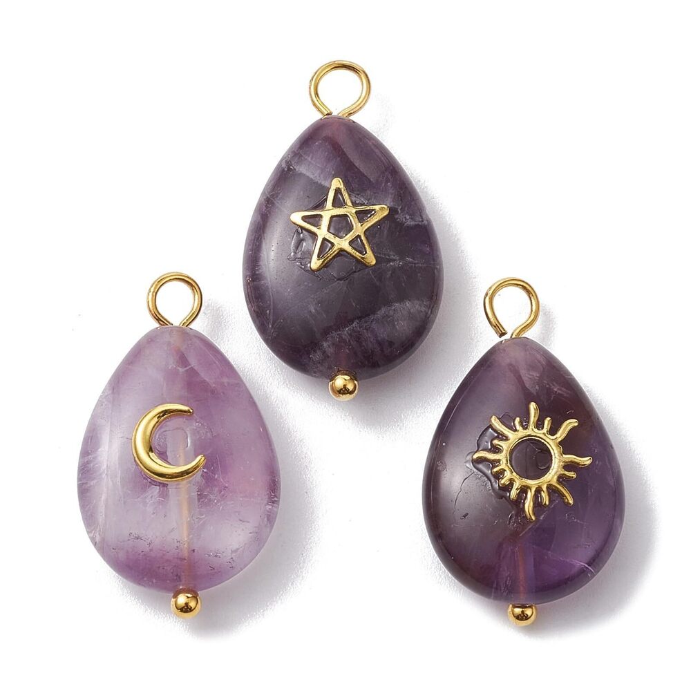 5402 6 pcs 3 Styles Purple Teardrop Theme Natural Gemstone Charms Drop Sun